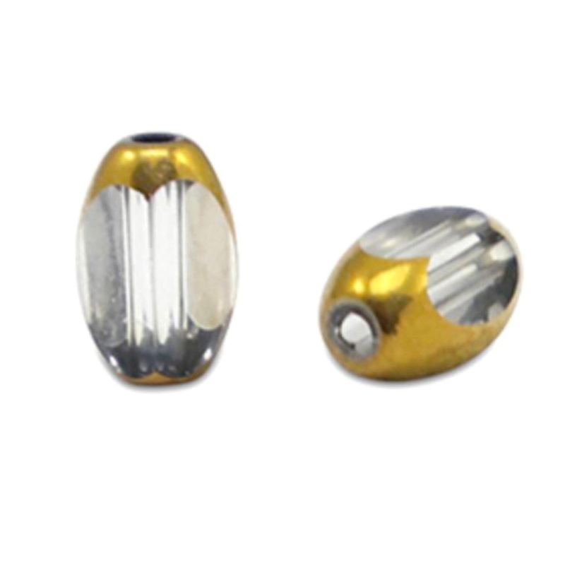 Oválna sklenená korálka 5 x 7 mm, 10 ks, priehľadná ľadovošedo-zlatá