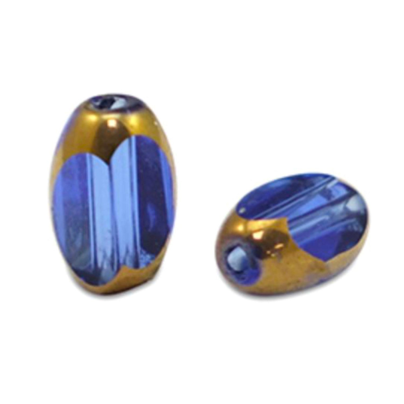 Oválna sklenená korálka 5 x 7 mm, 10 ks, priehľadná royal modro-zlatá