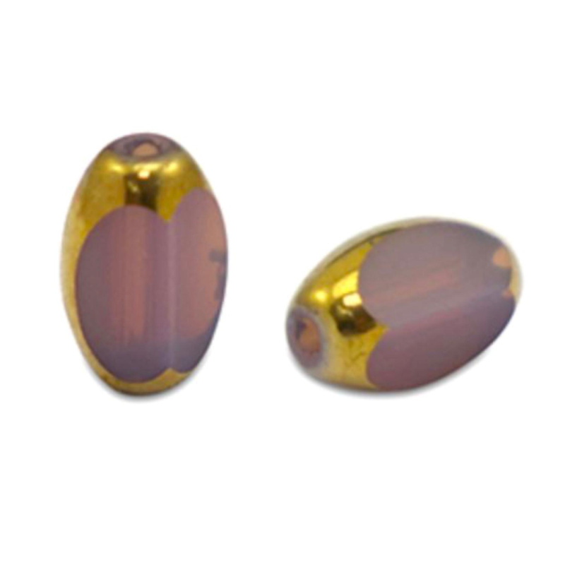 Oválna sklenená korálka 5 x 7 mm, 10 ks, púdrová fialovo-zlatá 