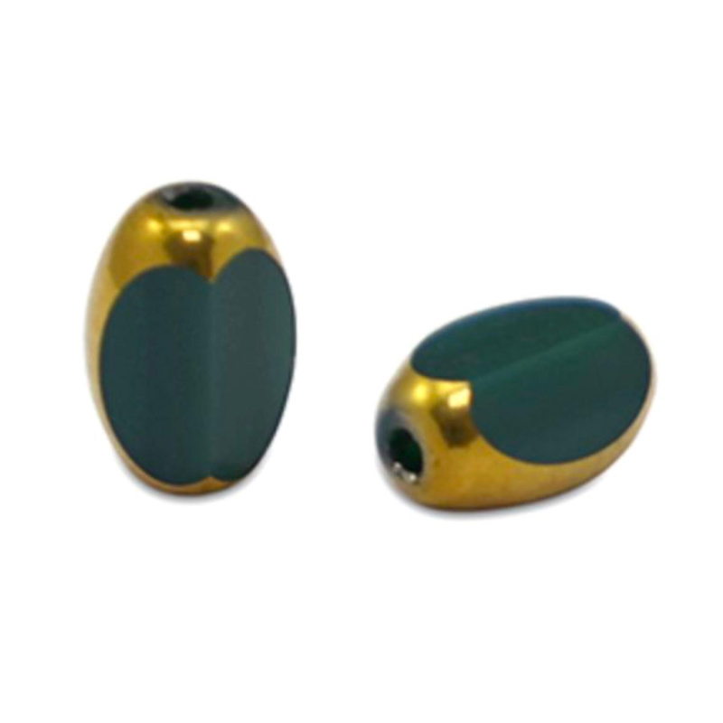 Oválna sklenená korálka 5 x 7 mm, 10 ks, tmavozeleno-zlatá