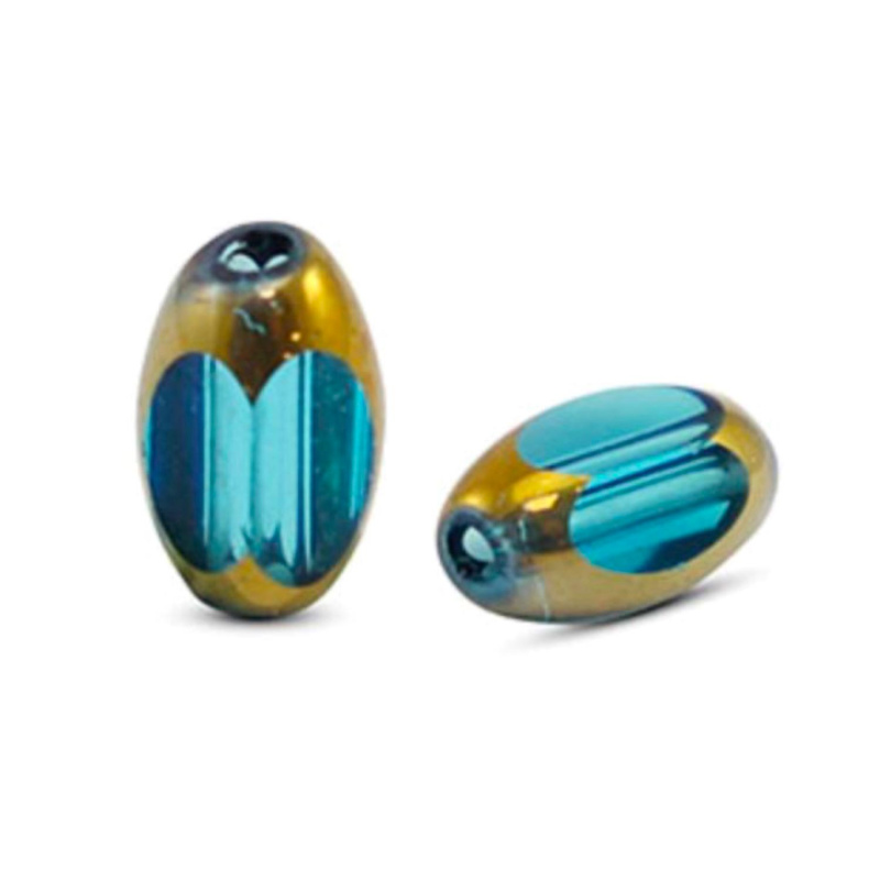 Oválna sklenená korálka 6 x 2,5 mm, 10 ks, priehľadná modro-zlatá