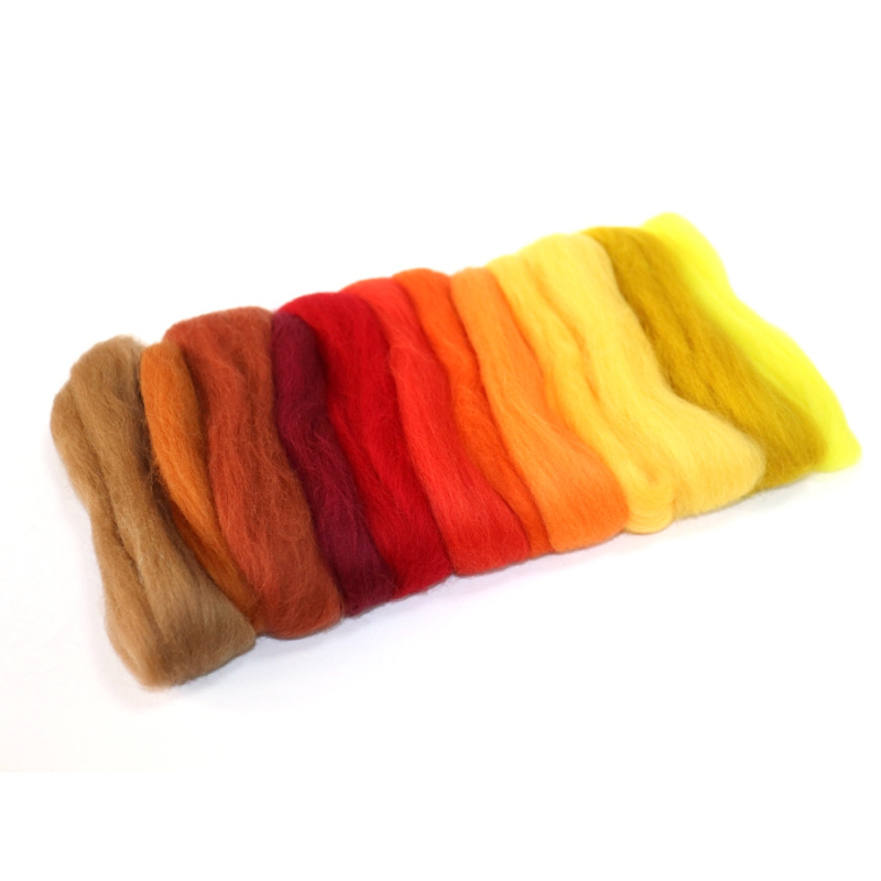 Ovčie rúno na plstenie česané, 50 g, MIX OHEŇ, 12 ks 