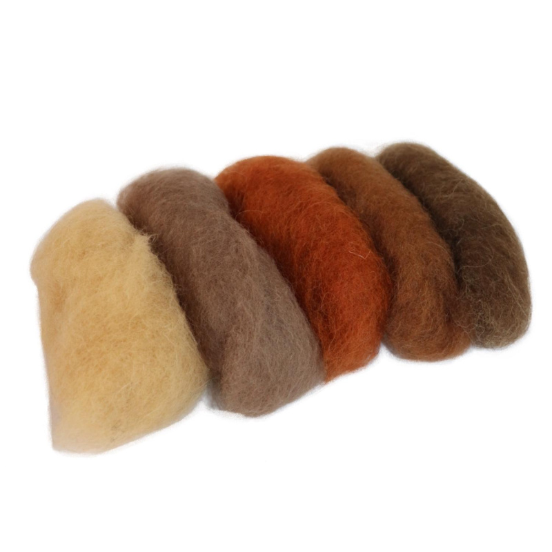 Ovčie rúno na plstenie, mykané, 20 g, MIX 5 odtieňov hnedých farieb
