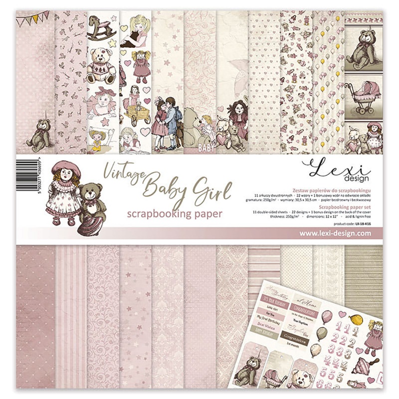 Papier na scrapbooking, sada Vintage Baby Girl, 12 ks