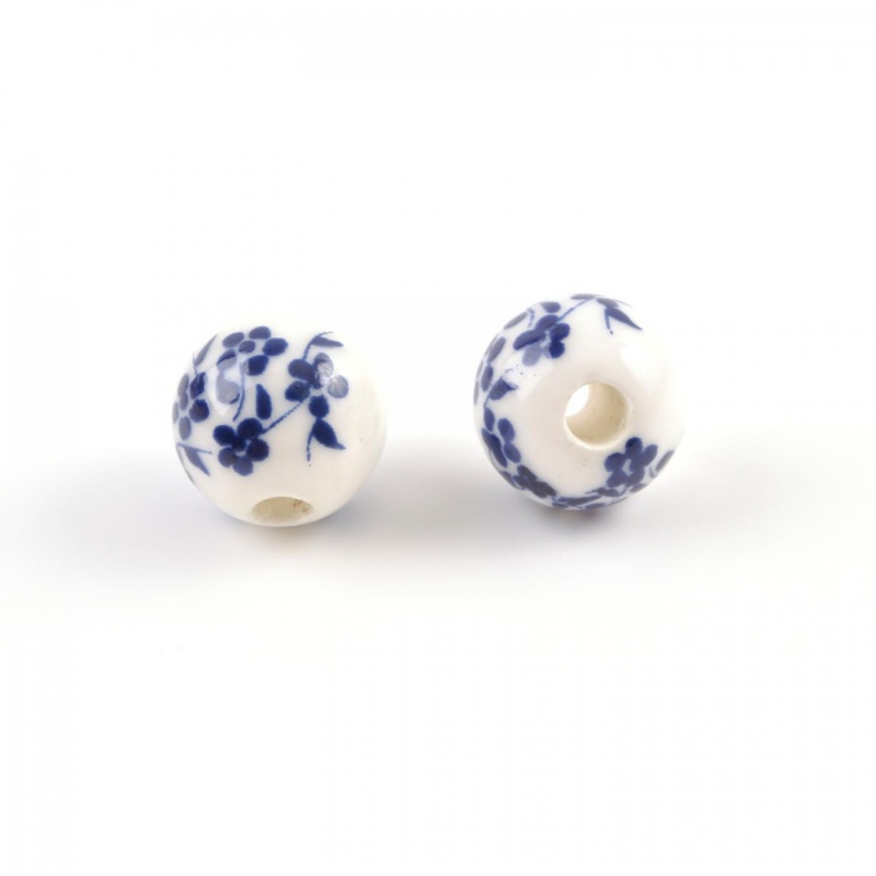 Porcelánová korálka, 10 mm, modré kvety