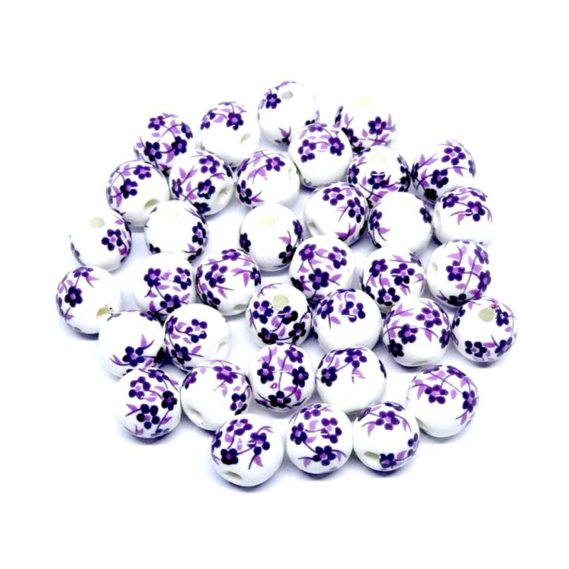 Porcelánová korálka, 8 mm, fialové kvety