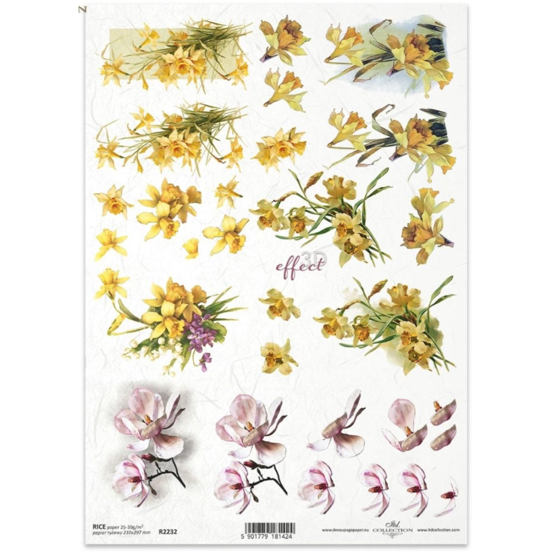 Ryžový papier na decoupage, A4, 3D kvety, narcisy a magnólie