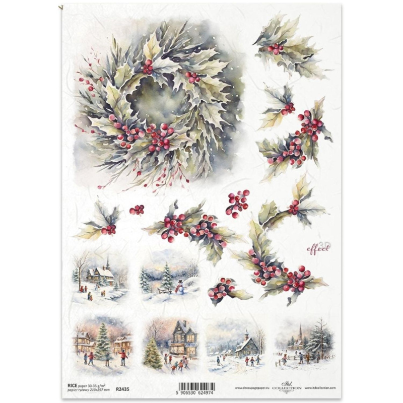 Ryžový papier na decoupage, A4, vianočný veniec a krajinky