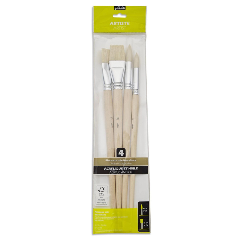 Sada 4 štetcov White bristle, dlhá rúčka ( 2 ploché, 2 guľaté )
