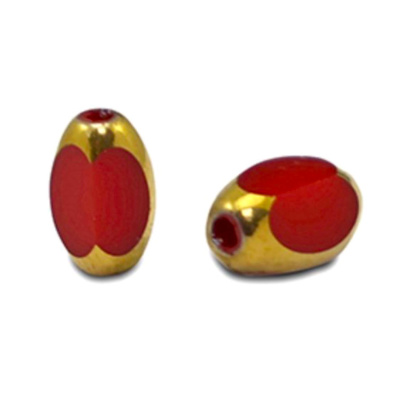 Oválna sklenená korálka 5 x 7 mm, 10 ks, červeno-zlatá