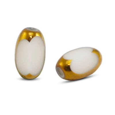 Oválna sklenená korálka 6 x 2,5 mm, 10 ks, bielo-zlatá 