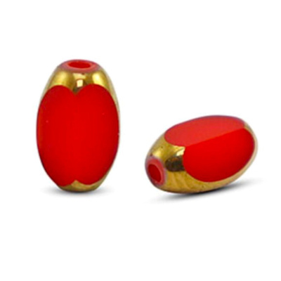 Oválna sklenená korálka 7 x 4 mm, 10 ks, červeno-zlatá