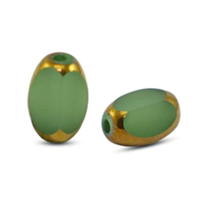 Oválna sklenená korálka 7 x 4 mm, 10 ks, zeleno-zlatá