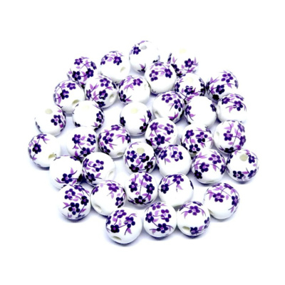 Porcelánová korálka, 8 mm, fialové kvety