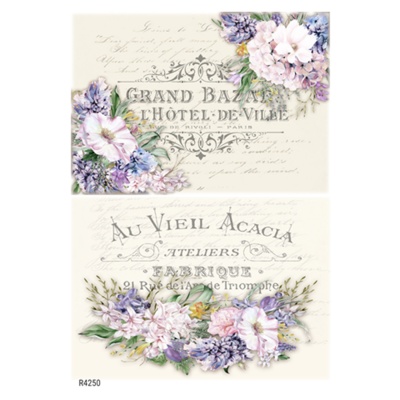 Ryžový papier, A4, vintage nápisy s kvetmi