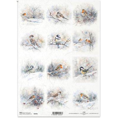 Ryžový papier na decoupage, A4, vtáčiky v zime 2