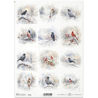 Ryžový papier na decoupage, A4, vtáčiky v zime 3
