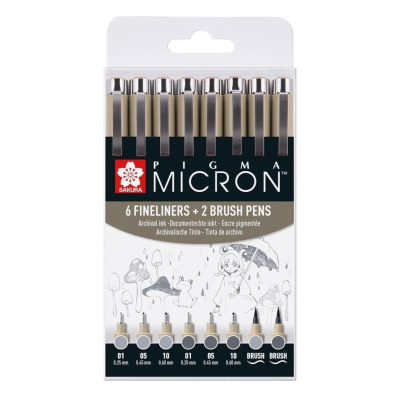SAKURA Pigma Micron fineliner, sada 6 + 2 ks, Light Cool Gray & Cool Gray