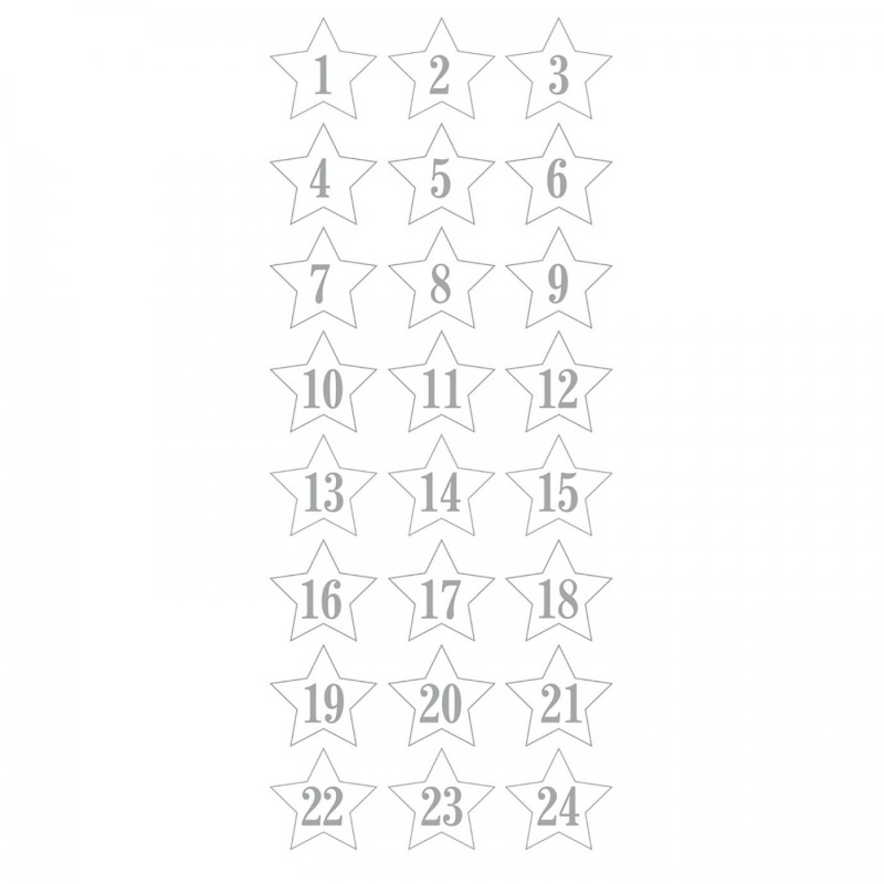 Adventné čísla v tvare darčekov sú nálepky s číslami od 1 po 24. Nálepky sú nalepené na lesklej priehľadnej fólií, ľahko sa odlepujú. Každá n�