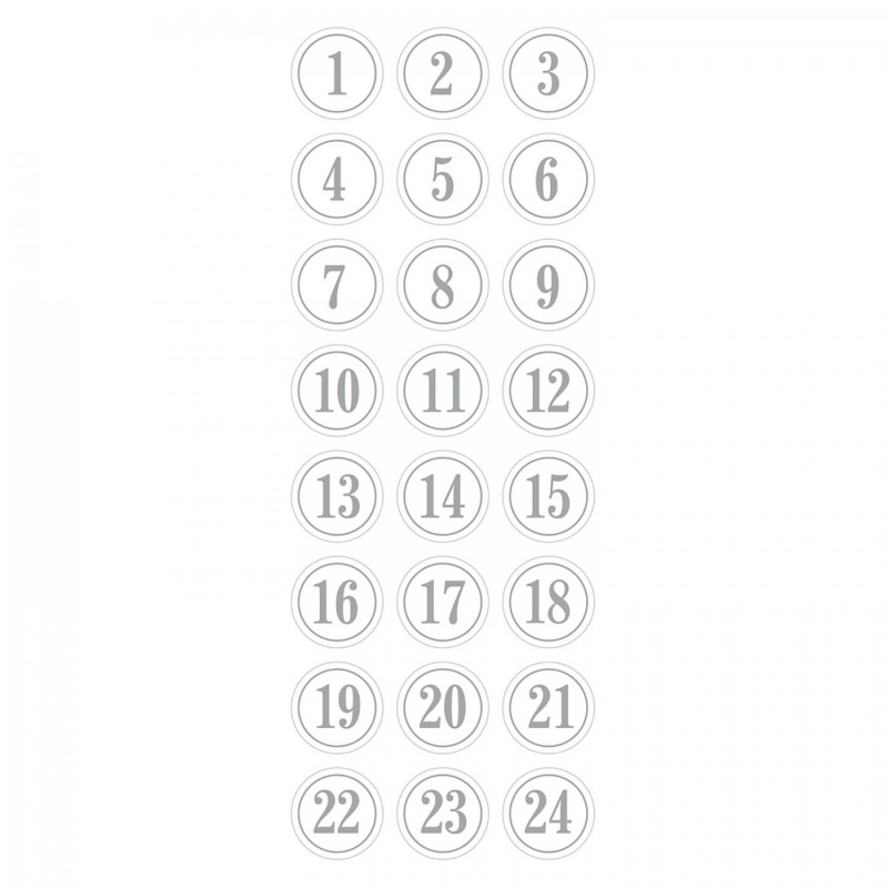 Adventné čísla v tvare darčekov sú nálepky s číslami od 1 po 24. Nálepky sú nalepené na lesklej priehľadnej fólií, ľahko sa odlepujú. Každá nálepka je mäkká, dá