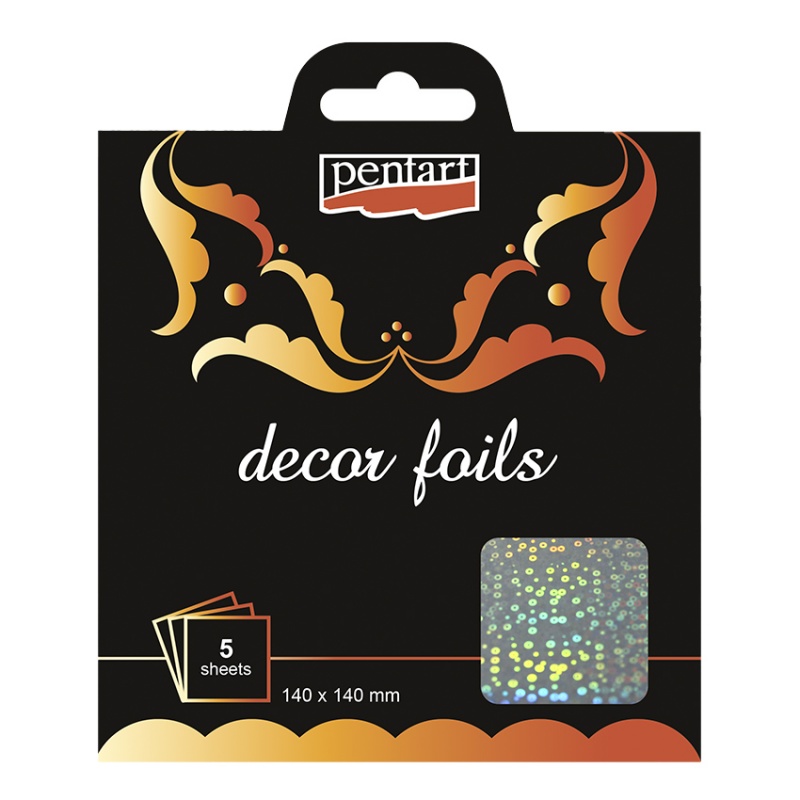 Dekoračné metalické fólie (Decor foils) slúžia na dozdobenie reliéfu. Použite ich s Pentart 3D lepidlom, nechajte ho spriehľadnieť, prilepte fóliu a 