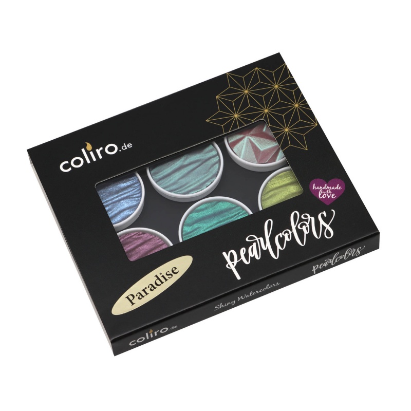 Perleťové farby Finetec / Coliro sú akvarelové farby rozpustné vo vode a dajú sa aplikovať pomocou štetca alebo kaligrafického pera.
Perleťové farby