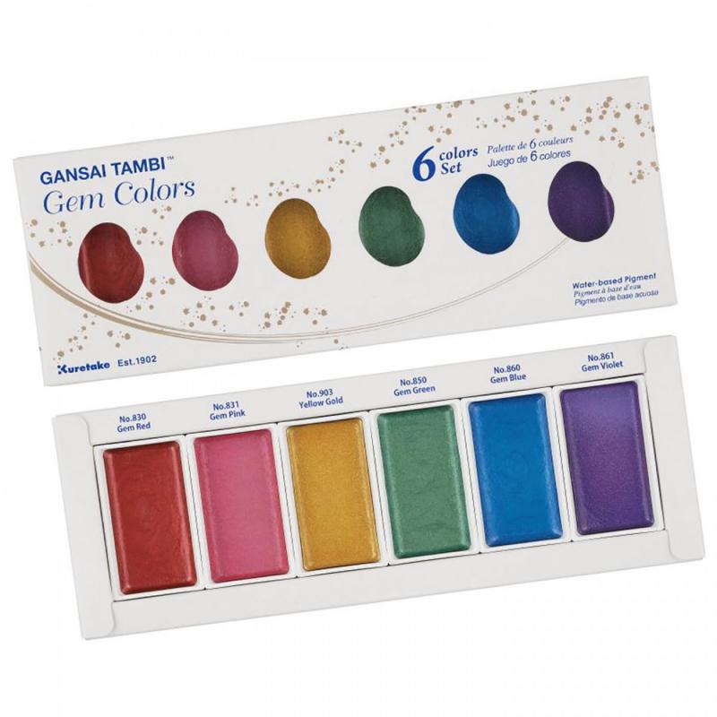 Gansai Tambi Gem Colors od Kuretake sú akvarelové farby, ktoré obsahujú metalický pigment s trblietavým leskom. S&uacu