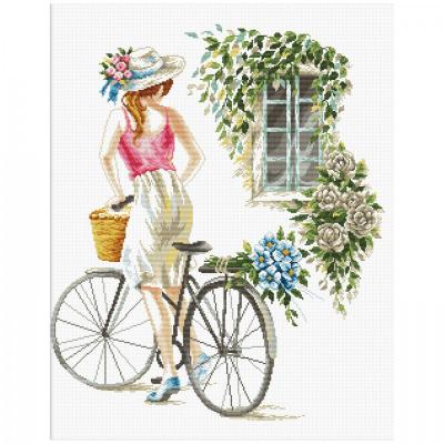 Krížiková výšivka, Bicycle Girl, 53 x 61 cm