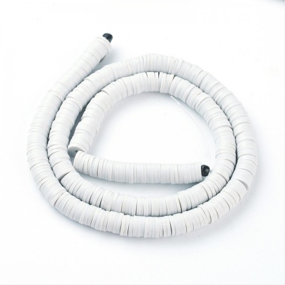 Polymérové korálky, placky, 6 mm, šnúra, biele