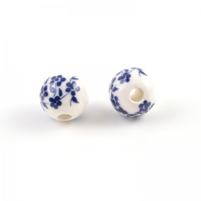 Porcelánová korálka, 10 mm, modré kvety