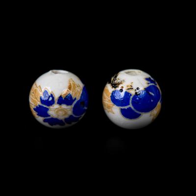 Porcelánová korálka, 10 mm, modro zlaté kvety