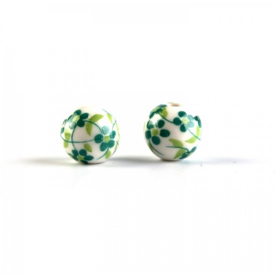 Porcelánová korálka, 10 mm, zelené kvety