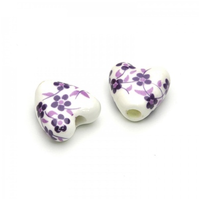 Porcelánová korálka srdce, 15 mm, fialové kvety