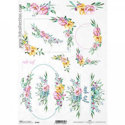 Ryžový papier na decoupage, A4, kvety a rámy
