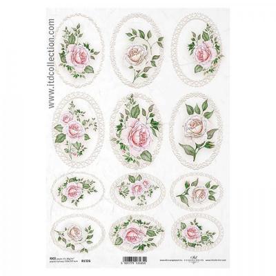 Ryžový papier na decoupage, A4, ruže v ráme ružové