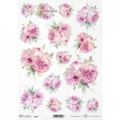Ryžový papier na decoupage, A4, ružové kvety