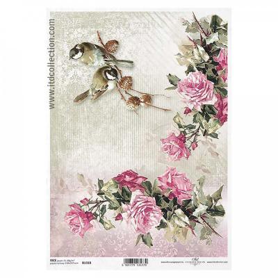 Ryžový papier na decoupage, A4, vtáčiky a ruže