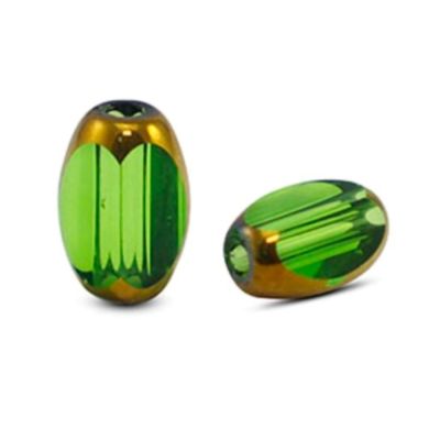 Oválna sklenená korálka 5 x 7 mm, 10 ks, priehľadná trávová zeleno-zlatá