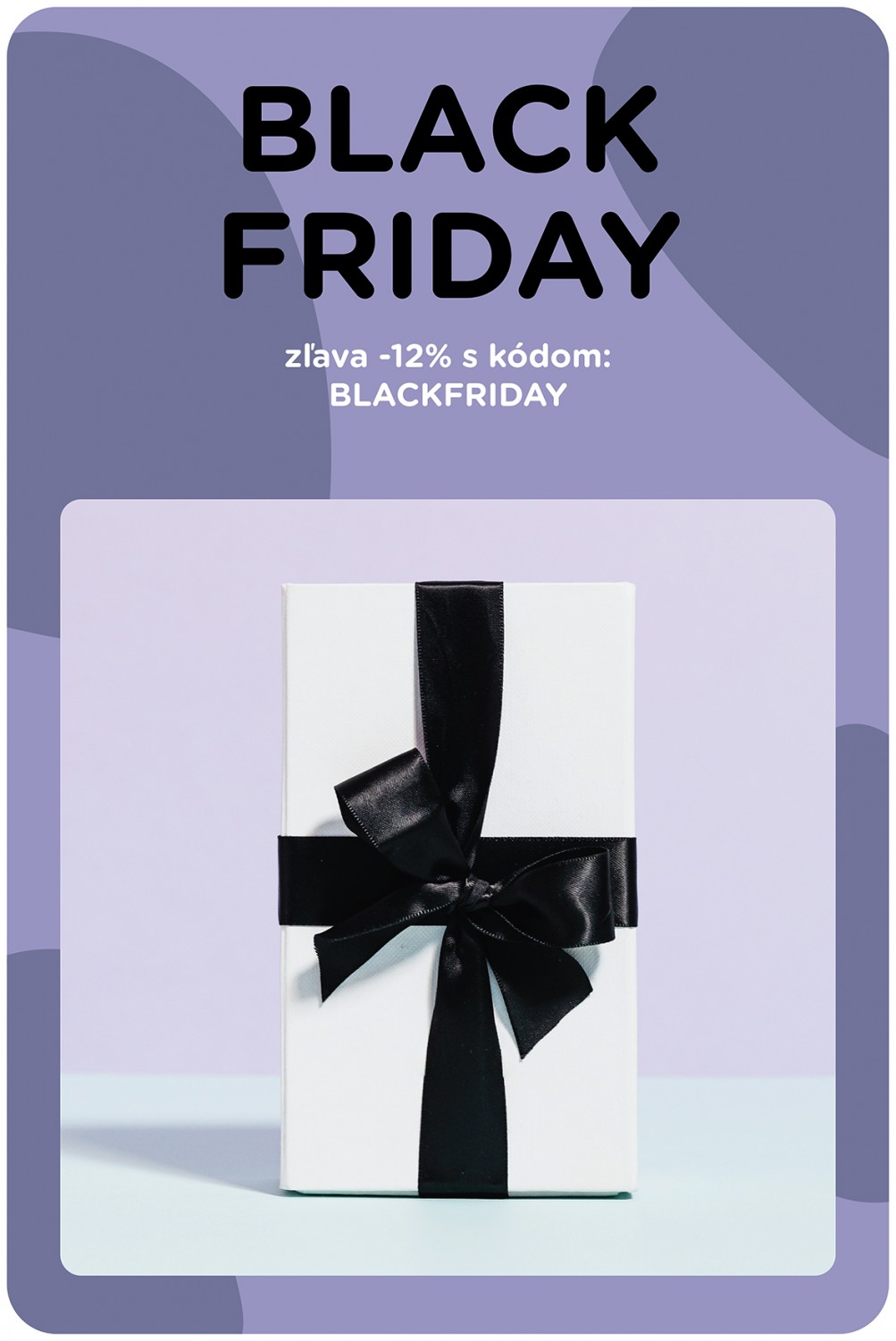Balíček s čiernou stuhou na fialovom pozadí k akcii Black Friday v creActive.