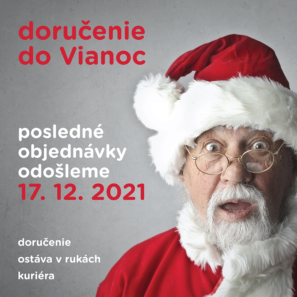 Bláznivý mikuláš a oznámenie o doručení objednávok do vianoc v červeno-bielej farebnosti na šedom pozadí.
