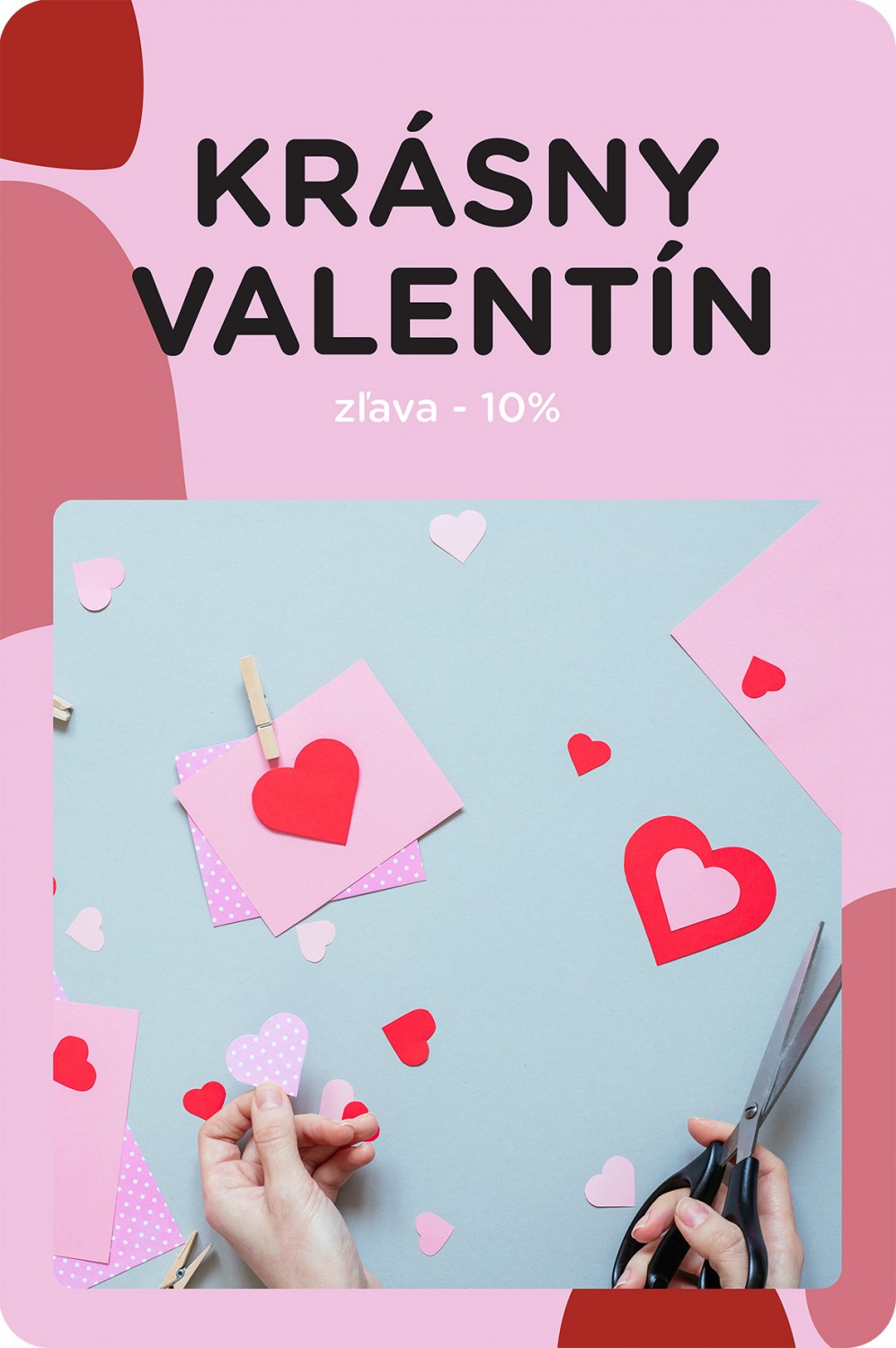 Krásny Valentín a ženské ruky s nožnicami. Žena vyrába valentínsku pohľadnicu so srdiečkami.